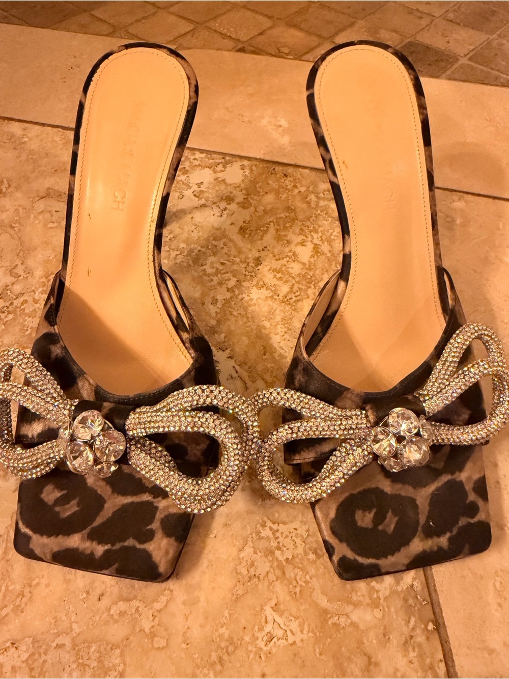 MACH & MACH Leopard Print Crystal Bow Slide Sandals in Brown and Tan